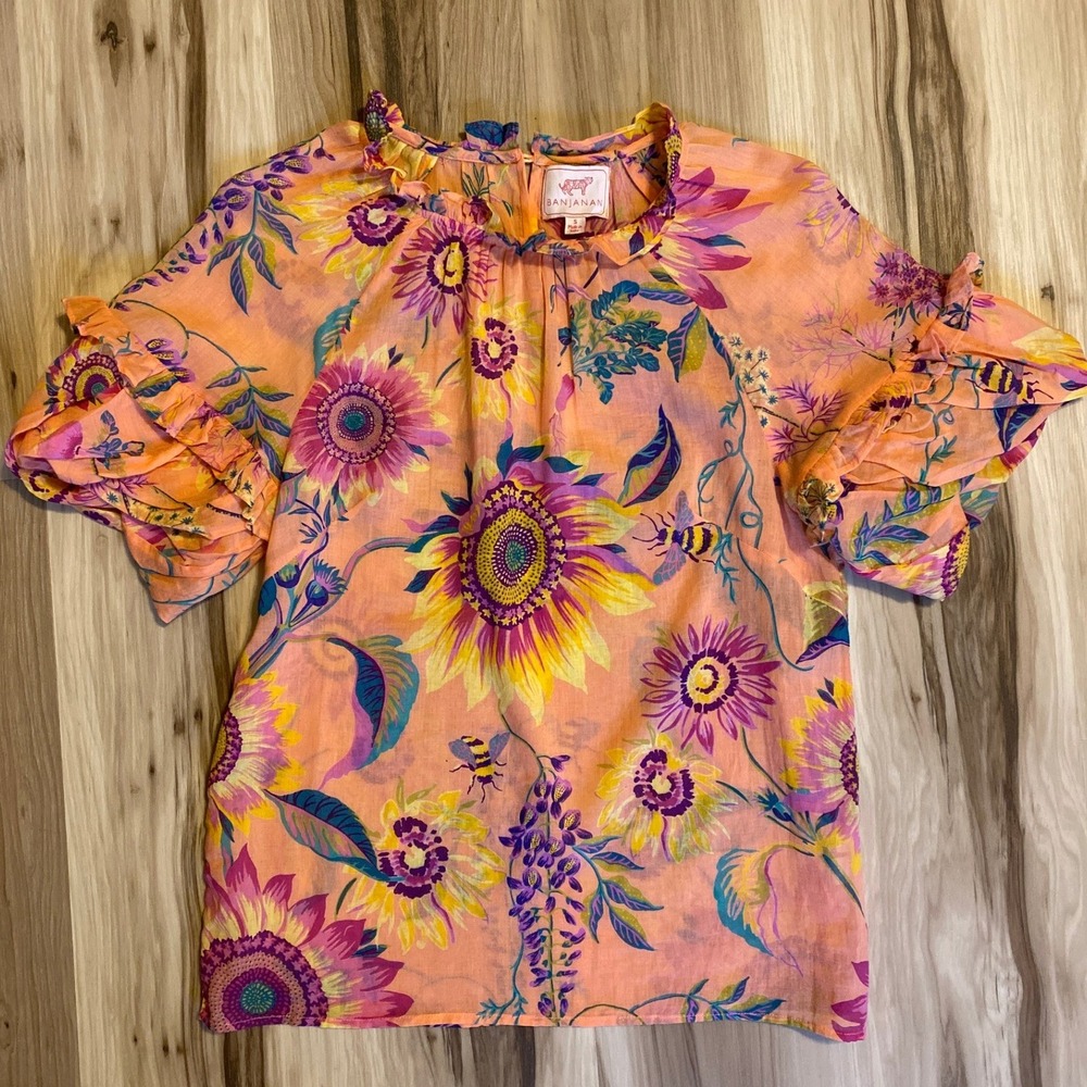 Banjanan Womens Floral Bee Print Ruffle Sleeve Cotton Blouse Pink Yellow Small